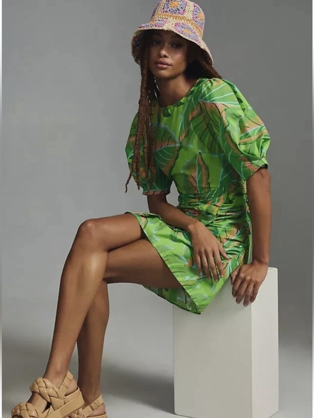 FARM Rio Heli Leaves Green Tropical Puff Sleeve Ruched Mini Dress